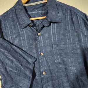 Tommy Bahama Linen Mens‎ Shirt Short Sleeve Blue Casual Button Up Large Coastal